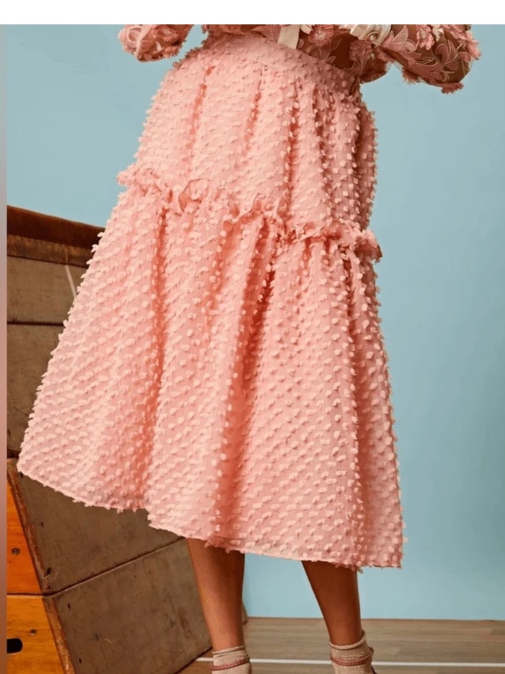 Sister Jane Coral Pink Textured Tiered Midi Skirt